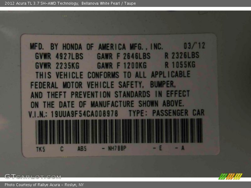 Bellanova White Pearl / Taupe 2012 Acura TL 3.7 SH-AWD Technology