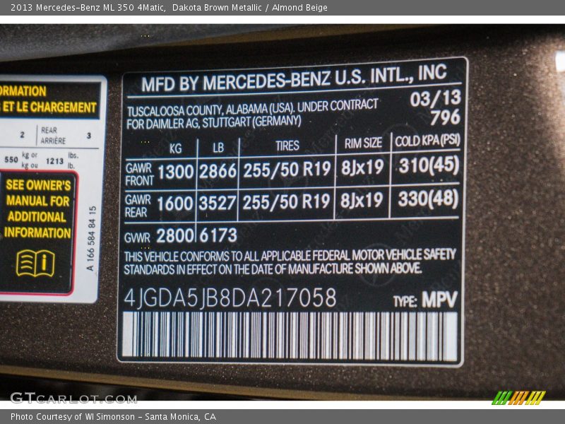 2013 ML 350 4Matic Dakota Brown Metallic Color Code 796