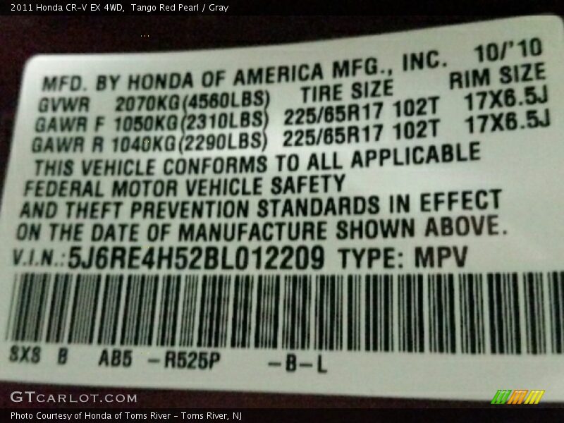 Tango Red Pearl / Gray 2011 Honda CR-V EX 4WD