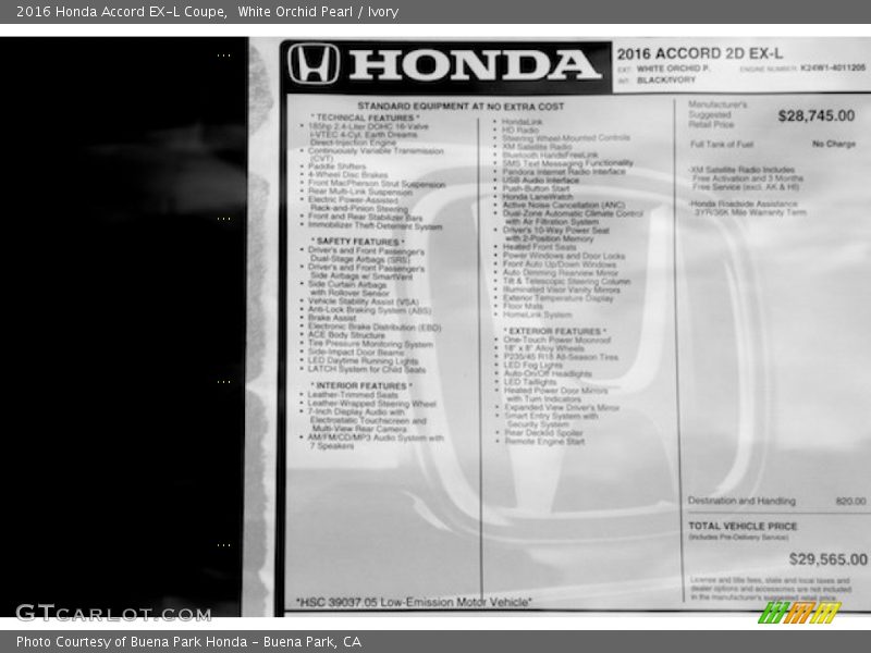 White Orchid Pearl / Ivory 2016 Honda Accord EX-L Coupe