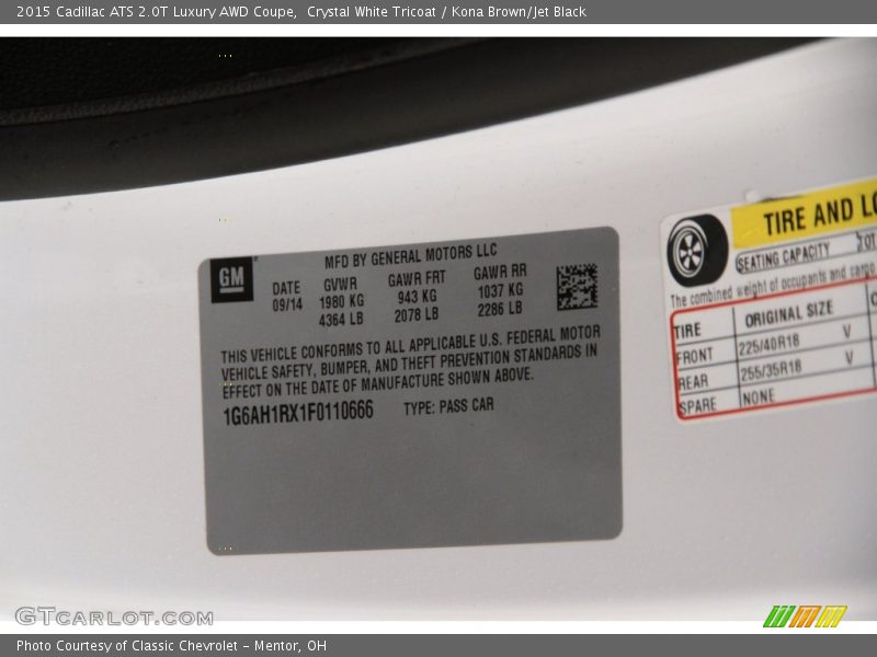 Crystal White Tricoat / Kona Brown/Jet Black 2015 Cadillac ATS 2.0T Luxury AWD Coupe