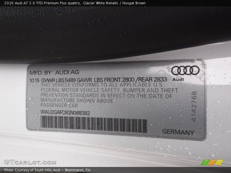 Glacier White Metallic / Nougat Brown 2016 Audi A7 3.0 TFSI Premium Plus quattro