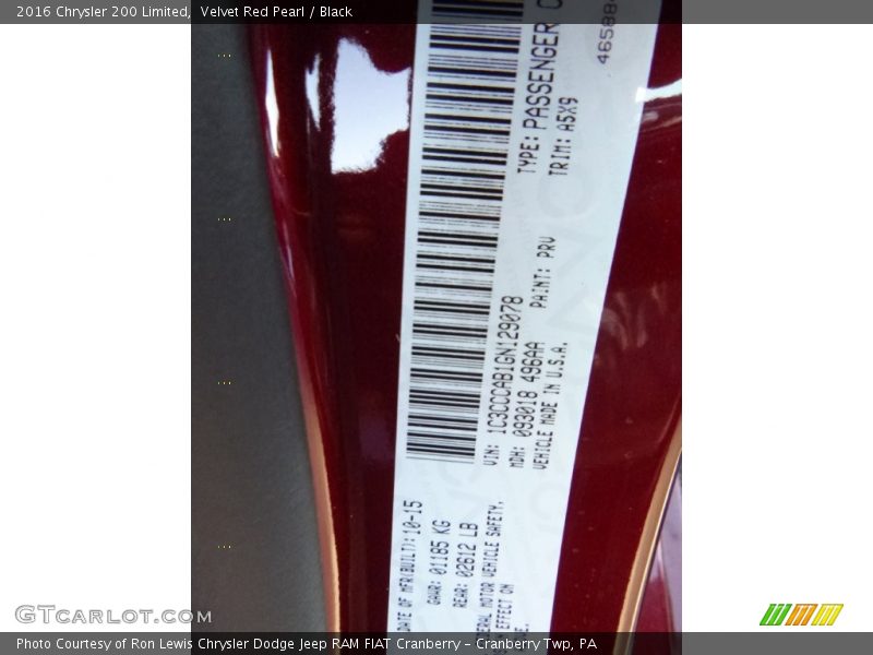 Velvet Red Pearl / Black 2016 Chrysler 200 Limited