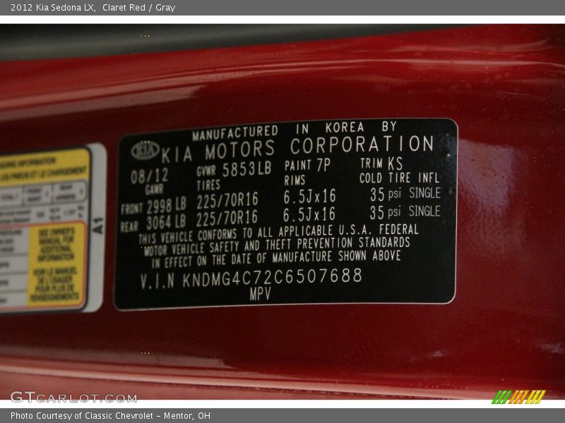 Claret Red / Gray 2012 Kia Sedona LX