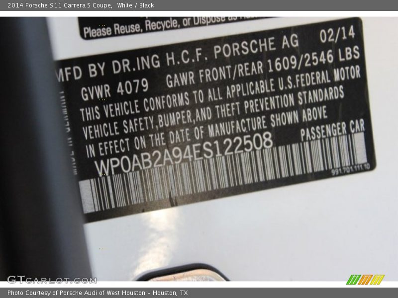 White / Black 2014 Porsche 911 Carrera S Coupe