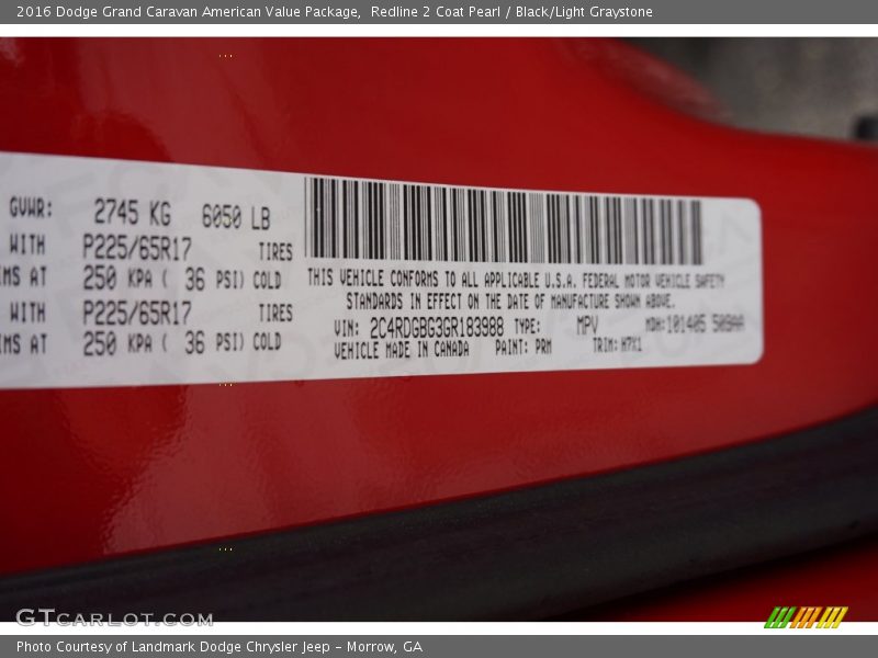 Redline 2 Coat Pearl / Black/Light Graystone 2016 Dodge Grand Caravan American Value Package