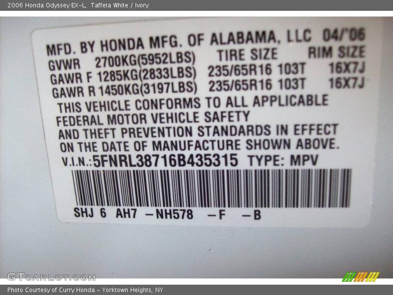 Taffeta White / Ivory 2006 Honda Odyssey EX-L