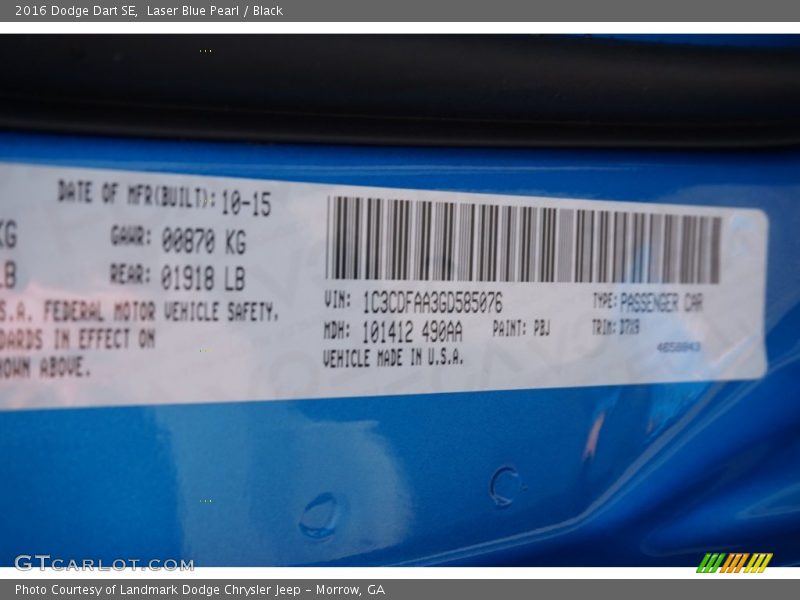 Laser Blue Pearl / Black 2016 Dodge Dart SE