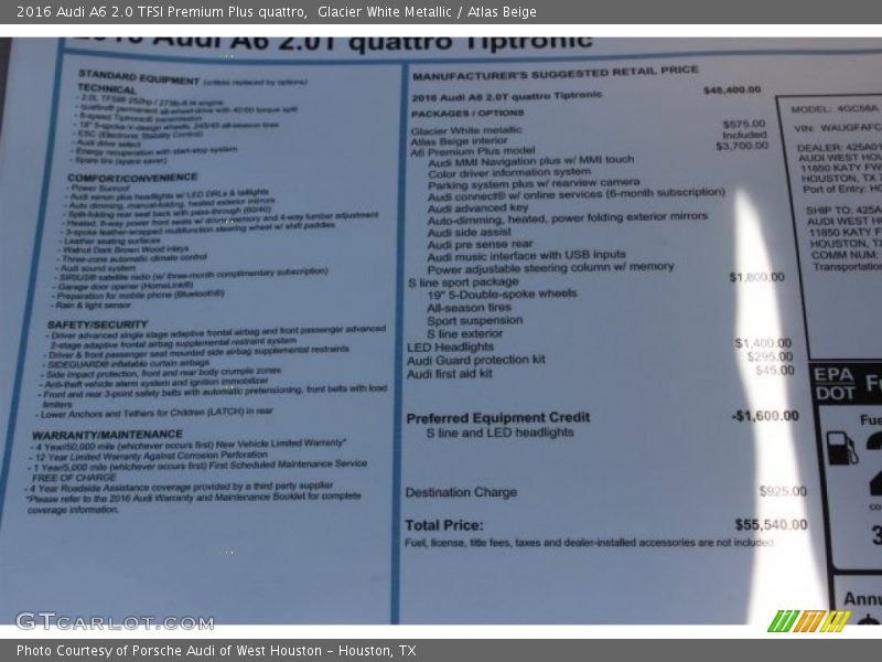 Glacier White Metallic / Atlas Beige 2016 Audi A6 2.0 TFSI Premium Plus quattro