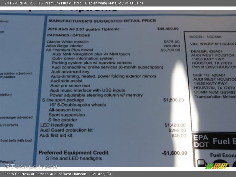 Glacier White Metallic / Atlas Beige 2016 Audi A6 2.0 TFSI Premium Plus quattro
