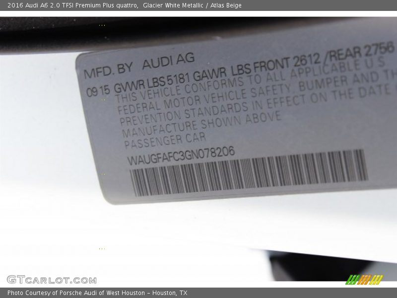 Glacier White Metallic / Atlas Beige 2016 Audi A6 2.0 TFSI Premium Plus quattro