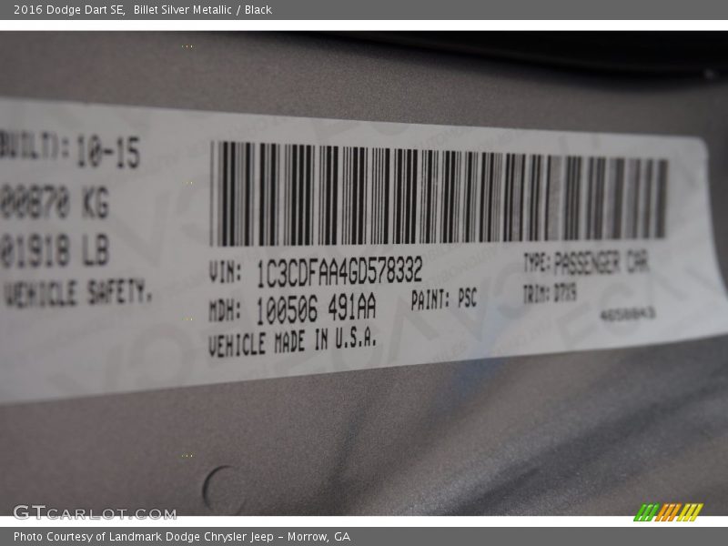 Billet Silver Metallic / Black 2016 Dodge Dart SE