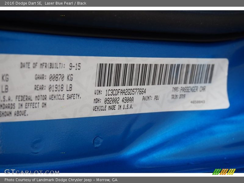 Laser Blue Pearl / Black 2016 Dodge Dart SE