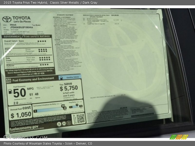 Classic Silver Metallic / Dark Gray 2015 Toyota Prius Two Hybrid