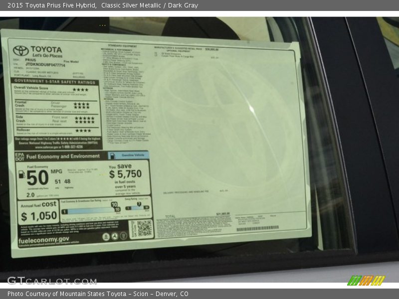 Classic Silver Metallic / Dark Gray 2015 Toyota Prius Five Hybrid