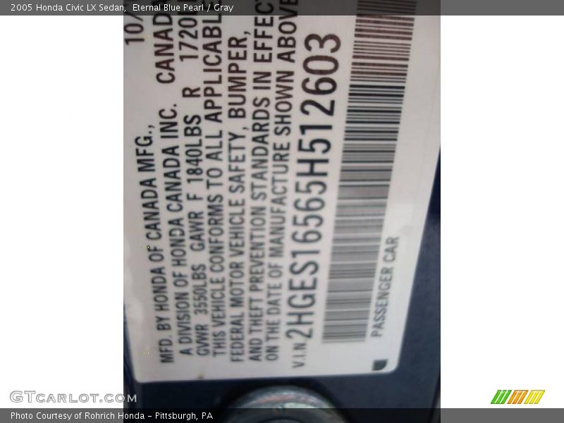 Eternal Blue Pearl / Gray 2005 Honda Civic LX Sedan