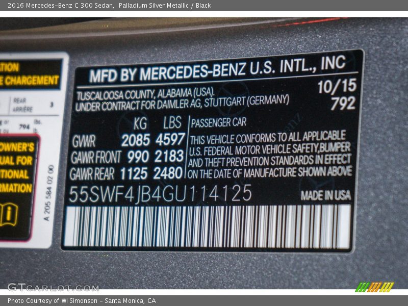 2016 C 300 Sedan Palladium Silver Metallic Color Code 792