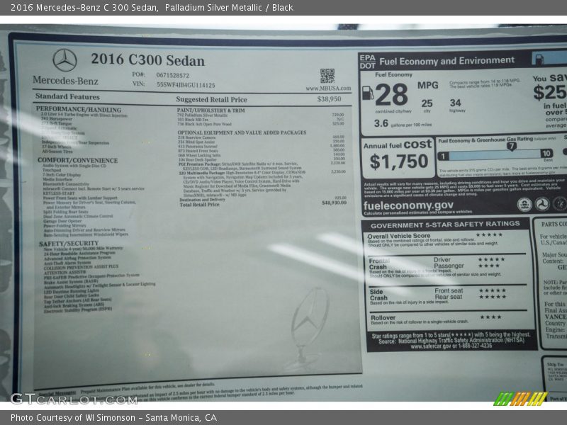  2016 C 300 Sedan Window Sticker