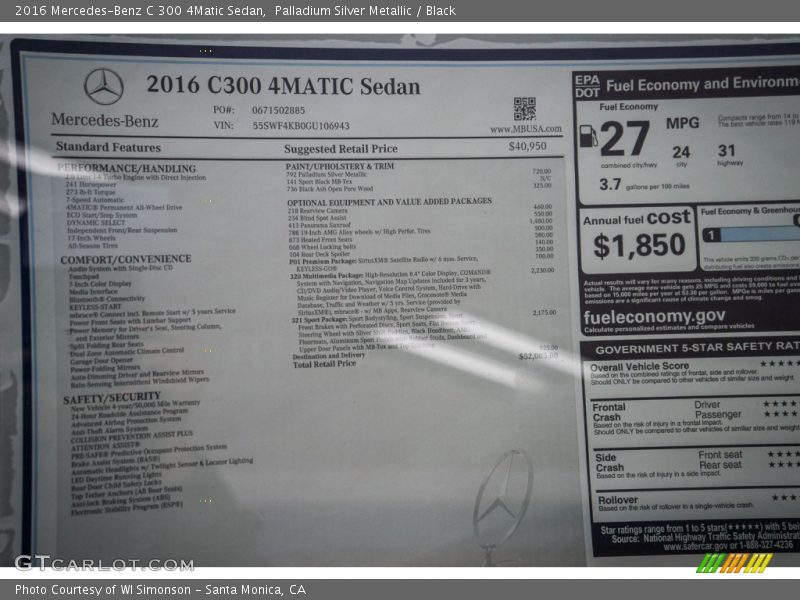  2016 C 300 4Matic Sedan Window Sticker