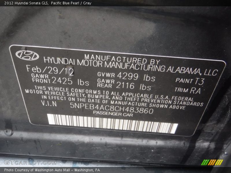 Pacific Blue Pearl / Gray 2012 Hyundai Sonata GLS