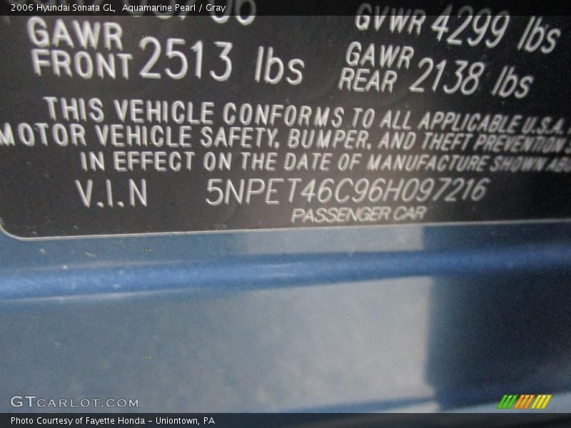 Aquamarine Pearl / Gray 2006 Hyundai Sonata GL