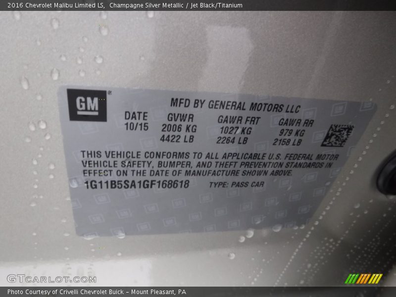 Champagne Silver Metallic / Jet Black/Titanium 2016 Chevrolet Malibu Limited LS
