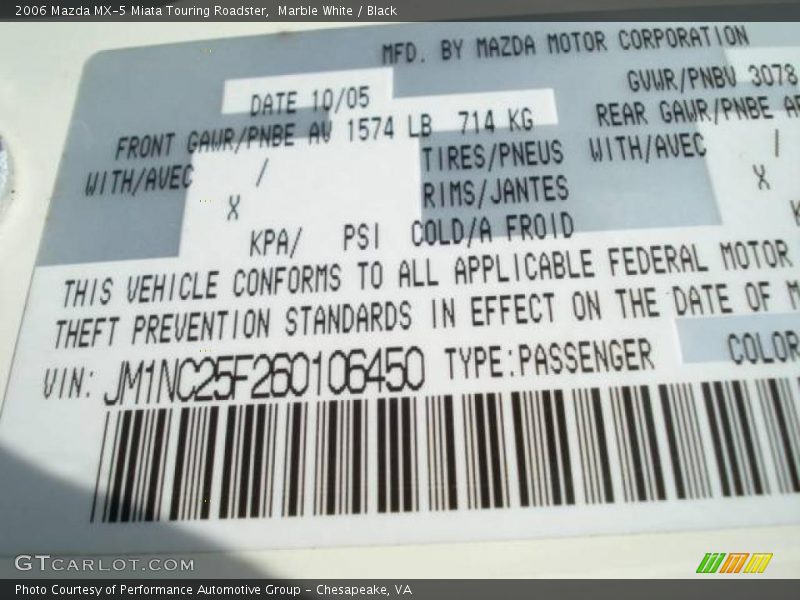 Marble White / Black 2006 Mazda MX-5 Miata Touring Roadster