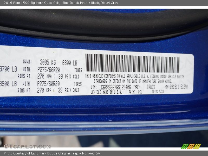 2016 1500 Big Horn Quad Cab Blue Streak Pearl Color Code PCL