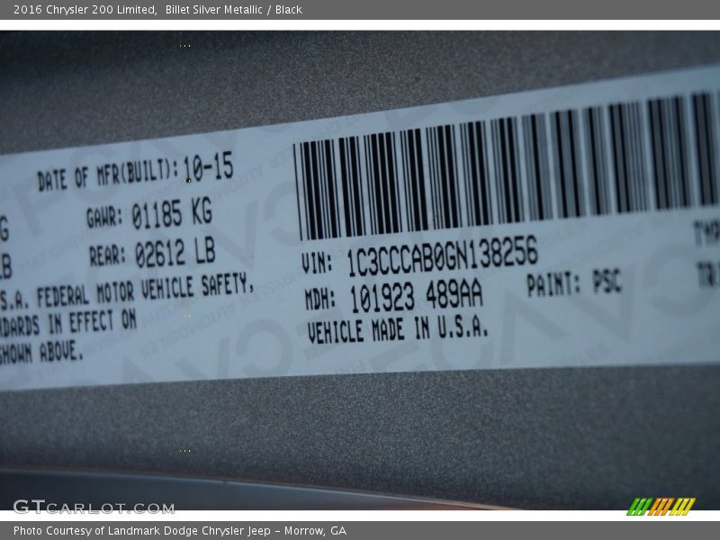 Billet Silver Metallic / Black 2016 Chrysler 200 Limited