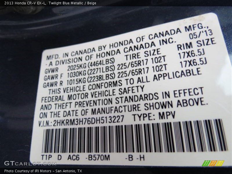 Twilight Blue Metallic / Beige 2013 Honda CR-V EX-L