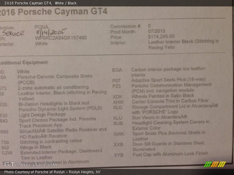  2016 Cayman GT4 Window Sticker