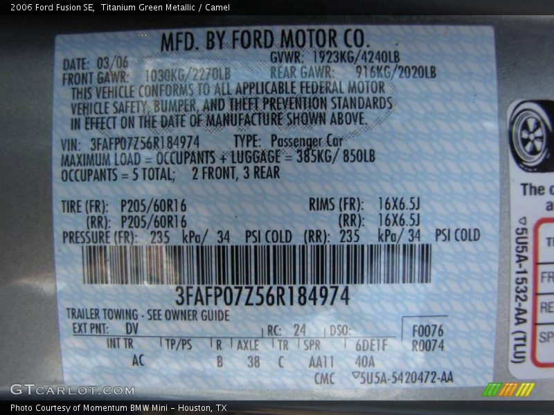Titanium Green Metallic / Camel 2006 Ford Fusion SE