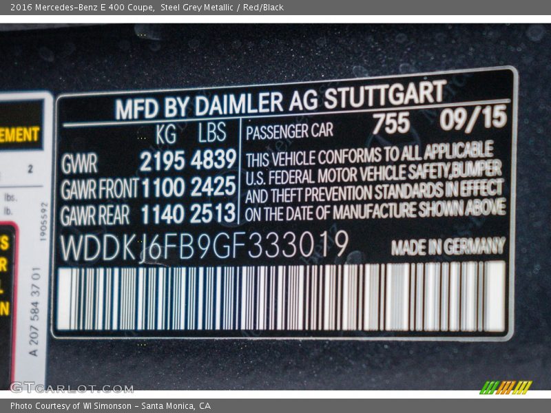 Steel Grey Metallic / Red/Black 2016 Mercedes-Benz E 400 Coupe