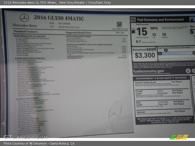  2016 GL 550 4Matic Window Sticker