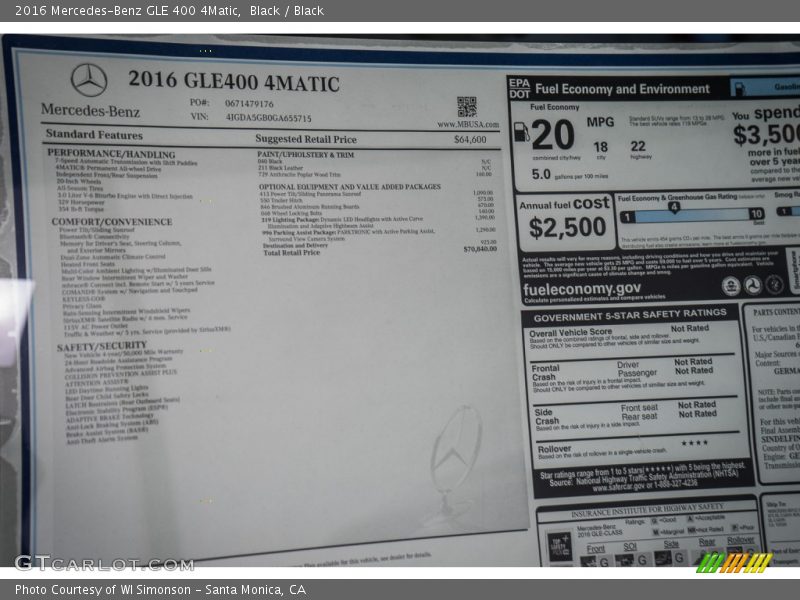  2016 GLE 400 4Matic Window Sticker