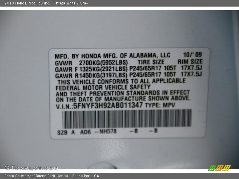 Taffeta White / Gray 2010 Honda Pilot Touring