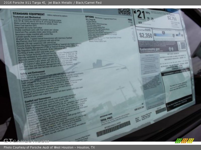 2016 911 Targa 4S Window Sticker
