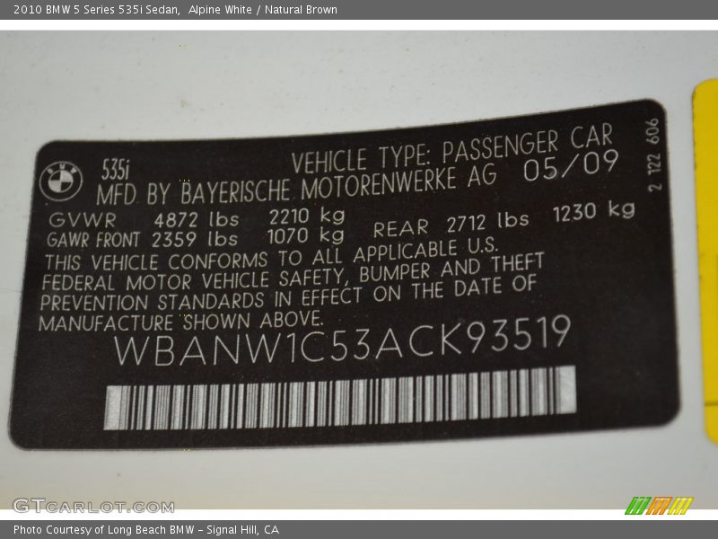 Alpine White / Natural Brown 2010 BMW 5 Series 535i Sedan