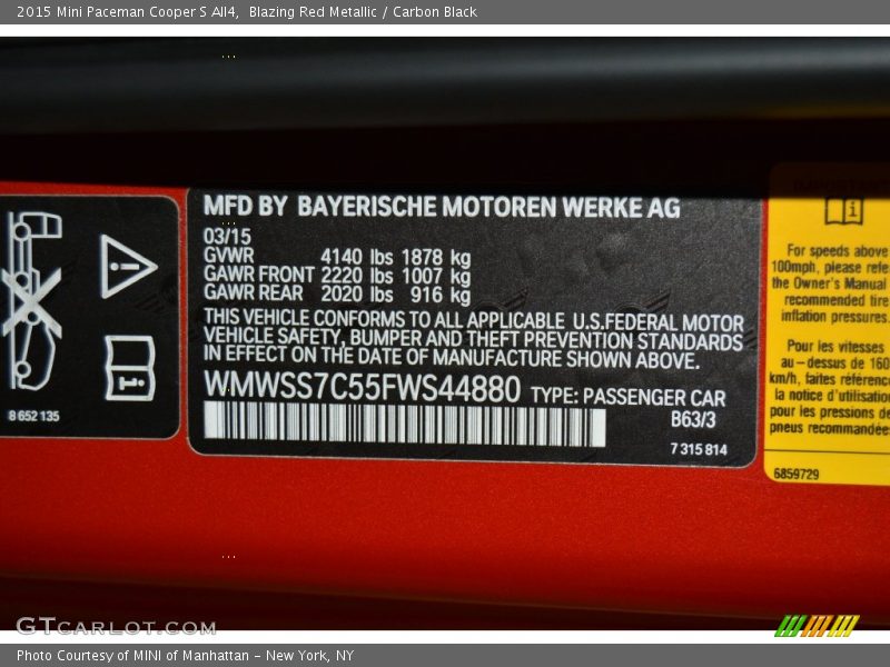 2015 Paceman Cooper S All4 Blazing Red Metallic Color Code B63
