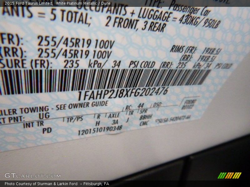 White Platinum Metallic / Dune 2015 Ford Taurus Limited
