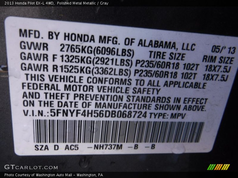 Polished Metal Metallic / Gray 2013 Honda Pilot EX-L 4WD