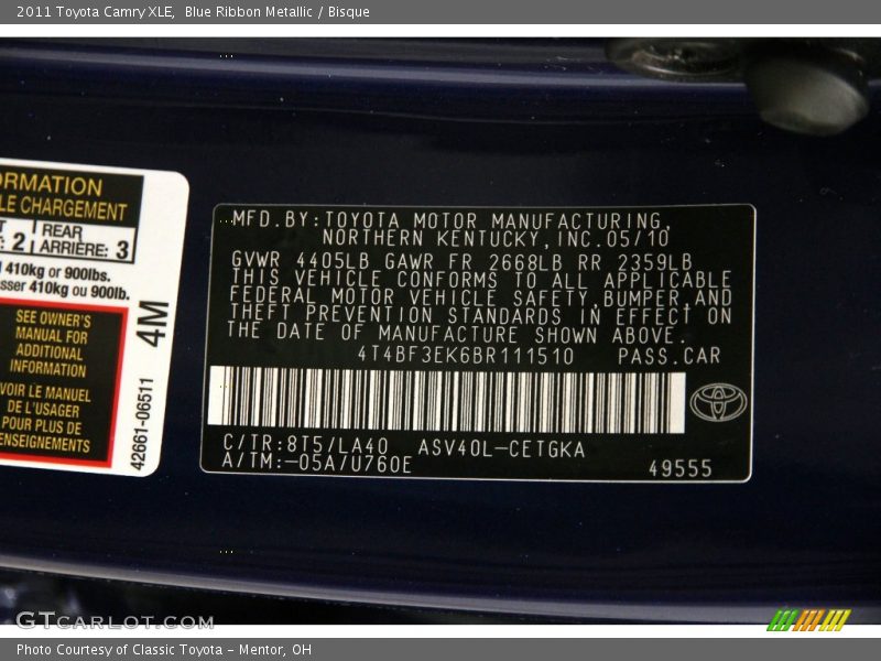 Blue Ribbon Metallic / Bisque 2011 Toyota Camry XLE