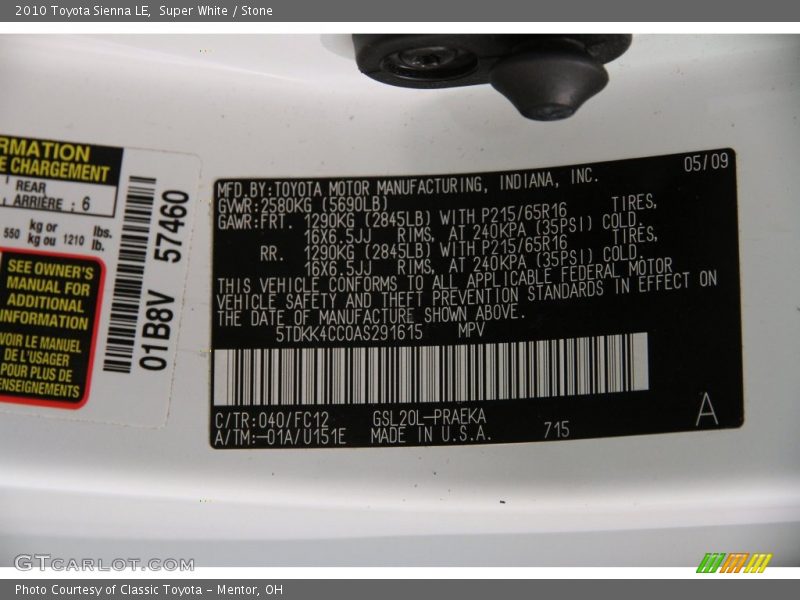 Super White / Stone 2010 Toyota Sienna LE