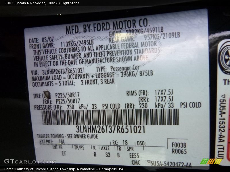 Black / Light Stone 2007 Lincoln MKZ Sedan