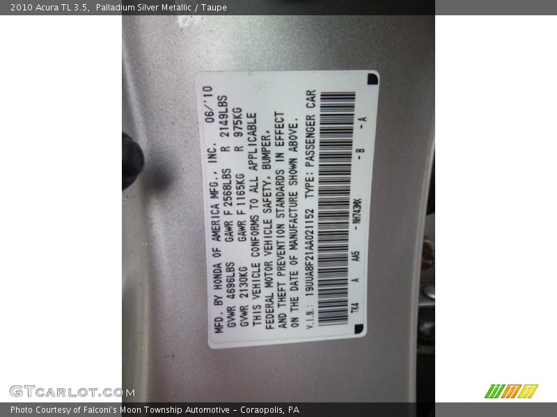 Palladium Silver Metallic / Taupe 2010 Acura TL 3.5