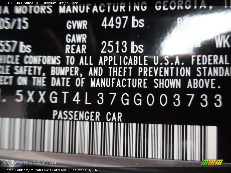 Titanium Gray / Black 2016 Kia Optima LX