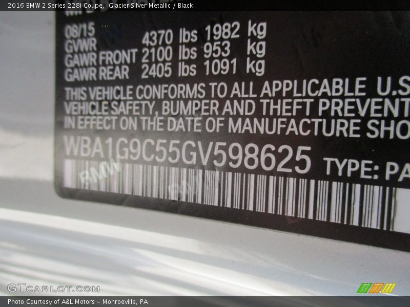 Glacier Silver Metallic / Black 2016 BMW 2 Series 228i Coupe