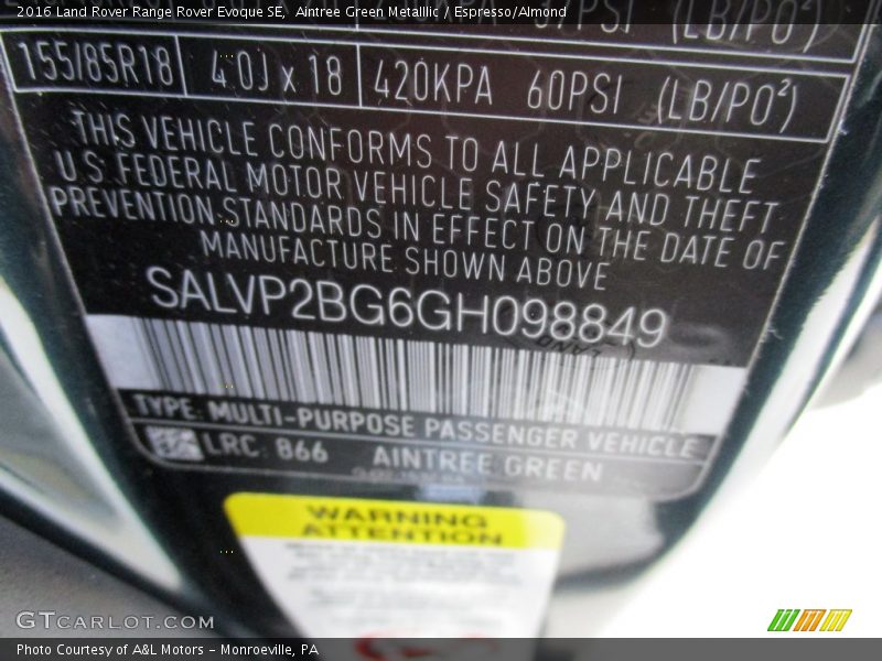 2016 Range Rover Evoque SE Aintree Green Metalllic Color Code 866