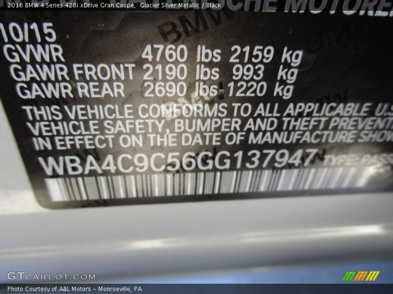 Glacier Silver Metallic / Black 2016 BMW 4 Series 428i xDrive Gran Coupe