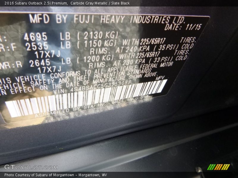 Carbide Gray Metallic / Slate Black 2016 Subaru Outback 2.5i Premium